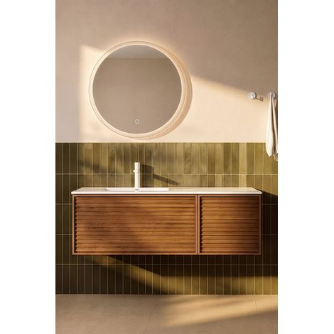 Meuble salle de bain suspendu JANE L120 x H39 x P50 cm couleur noyer BASS  + vasque encastrée avec trou robinet