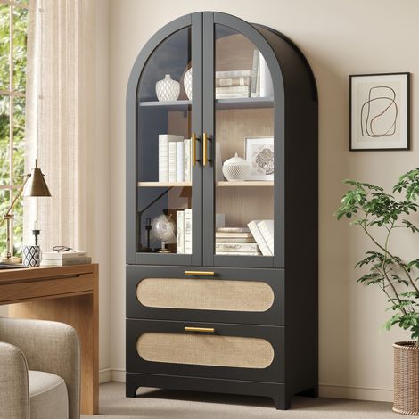 Vitrina 80/40/175 cm negra con puertas de cristal, 2 cajones y estantes ajustables (1/5)