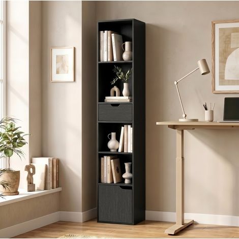 Bibliothèque 6 niches avec tiroir et étagère réglable 30 x 24 x 158 cm noir HAVRYA (1/5)