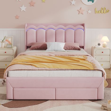 Lit capitonné 140x200 cm rose en velours avec 2 tiroirs et éclairage LED (1/5)