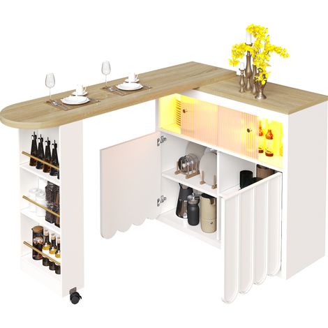 Mesa Bar Extensible con Almacenaje, Puerta Corredera de Vidrio, LED, USB y Ruedas para Cocina y Salón