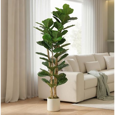 Planta artificial Ficus lyrata (55x55x180 cm), aspecto realista, sin montaje, maceta blanca, plástico verde (1/5)