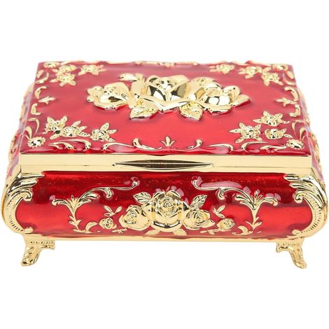 Vintage Jewelry Box, Exquisite Shiny Rose Embossed Design Storage Decoration Box, Rust Resistant (Golden Red) (1/5)
