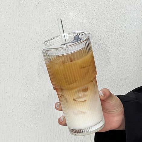 Glasbecher mit Deckel und Strohhalm, 600 ml, für Kaffee, Bier, Smoothies, als Reisebecher, auslaufsicheres Design für Kaffee, Cocktails und Tee ( (1/4)