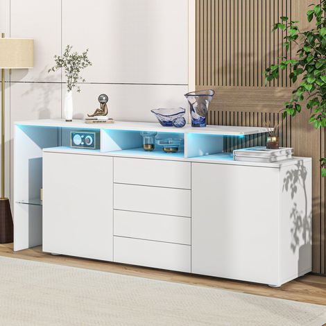 Buffet meuble rangement LED 160cm blanc brillant TV OKMYHOME (1/5)