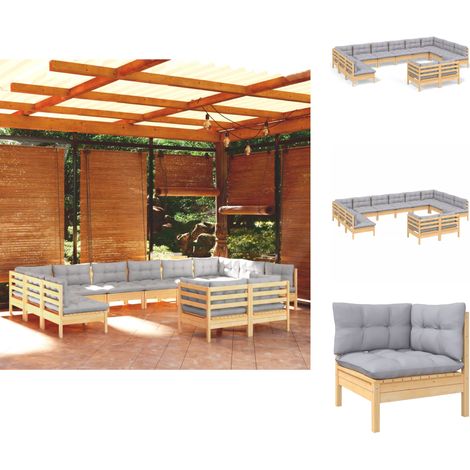 Gartenmöbel-Sets - Living 12-tlg. Garten-Lounge-Set mit Grauen Kissen Kiefer Massivholz (1/5)