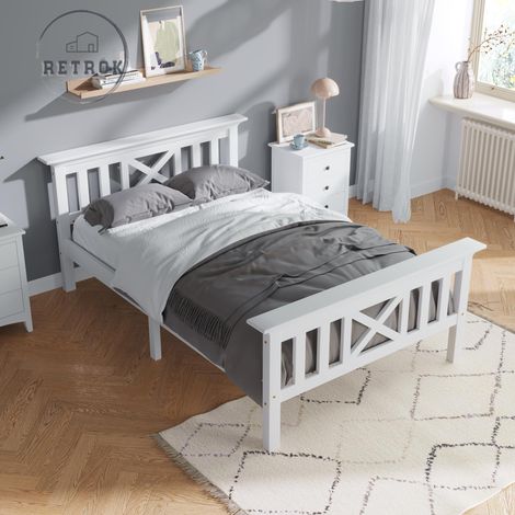 Lit simple en bois avec sommier à lattes - 90x200cm - Tête de lit incluse - Pin massif blanc