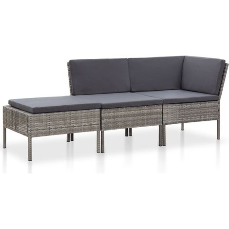 3-tlg. Garten-Lounge-Set mit Auflagen Poly Rattan Grau