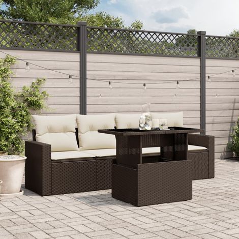 Ensemble Salon Jardin Marron 5 Pièces Résine Tressée - Canapés, Fauteuils et Table avec Coussins Détachables Crème (1/5)