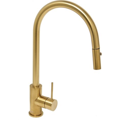 Swiss Aqua Technologies Spültischarmatur mit Hebelgriff auf Fuß 44 cm mit herausziehbarer 2-Strahl-Brause, gebürstetes Gold (SATBAUR286BG)