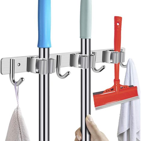 MINKUROW Edelstahl-Werkzeughalter – Besenhalter für die Wand, Gartengeräte, selbstklebender Besenhalter (mit Schrauben und Klebestreifen) – 3 Halterungen und 4 Haken, grau (1/5)