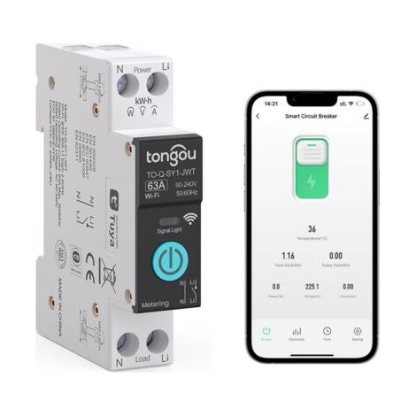 Interrupteur Connecté, Disjoncteur Intelligent WiFi 1P, DIY Interrupteur Intelligent Compatible avec Alexa,Google Assistant, Smart Life, TUYA - Mesure,Commande Vocale et Fonction de Temps, 63A