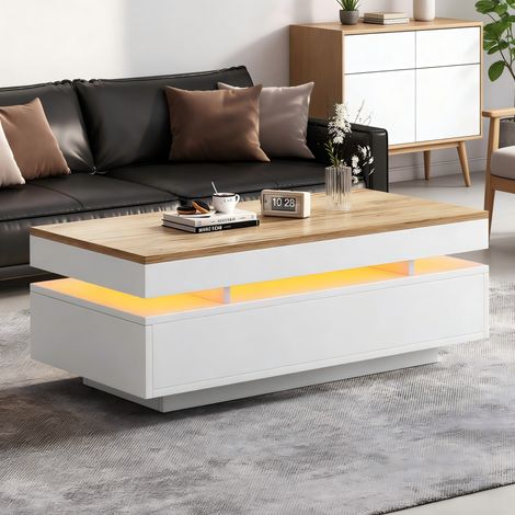Tavolo da caffè in truciolare bianco effetto legno lucido 100 cm con 2 cassetti e LED (1/5)