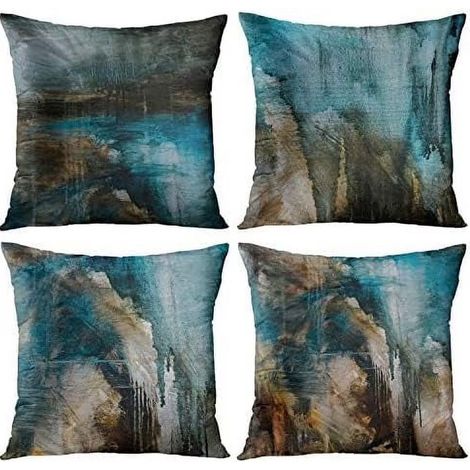 Housse De Coussin - 20x20 Pouces - Motif Abstrait - Teal Turquoise Noir Brun - Lot De 4