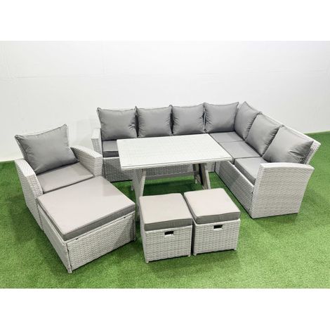 Fimous 10 Seater Garden Outdoor Rattan Furniture Set Rattan Corner Sofa Oblong Dining Table with Armchair 2 Small Footstools Light Grey Mixed (1/4)