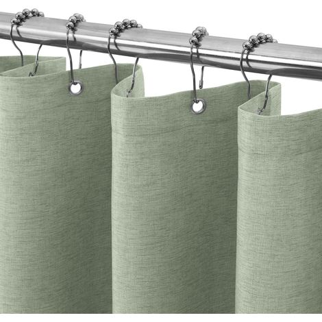 Rideau de Douche Lin avec Anneaux en Métal Imperméable Anti-Moisissures Polyester Tissu Rideau Salle de Bain Lourd pour Baignoire Cabine de Douche 122x182CM (Vert Sauge) (1/5)