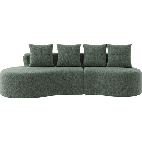 Canapé en lin avec 4 coussins, mousse haute densité, porte-gobelets et poche latérale, vert, 240x109x60 cm (1/5)