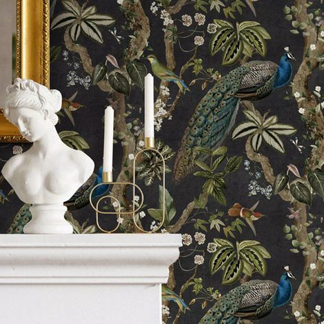 Taupe Peacock Woods Wallpaper Pink White Floral Design Mulit Birds Feature Wall (1/3)