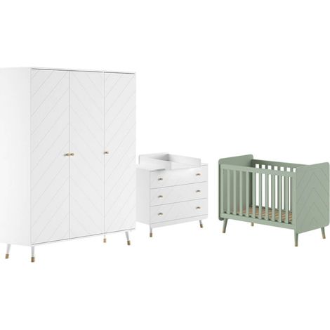 TINY WHITE - Chambre avec lit bébé vert + table à langer + Armoire 3 Portes