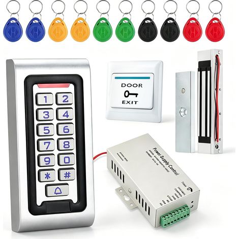 Kit de système de contrôle d'accès autonome avec clavier en métal étanche IP68, verrouillage magnétique (180 kg), alimentation 12 V 3 A, bouton de sortie et dix porte-clés RFID 125 kHz en (1/5)