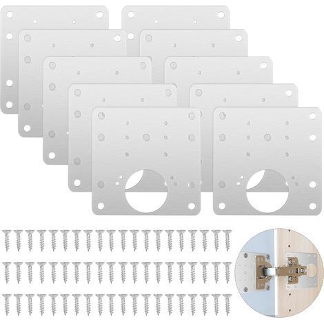 10 Pièces Charnière Porte Placard, Plaque Reparation Kit de Réparation Meuble avec Vis, Armoire Avec Trou Hinge Repair, Inoxydable Cuisine Charnières pour Placards, Bois, Meubles, Portes (1/5)