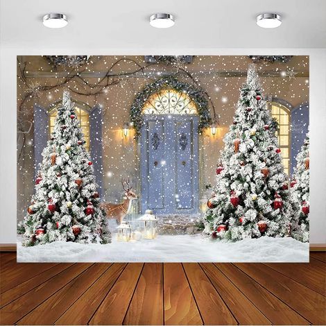 Toile de Fond de Photographie d'Hiver 2.1x1.5m-Scène de Neige avec Arbre de Noël et Renne - Décoration de Bannière en Plein Air avec Flocons de Neige (1/5)