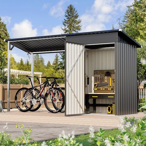 YODOLLA Abri de Jardin Extérieur & Gazebo à Toit Dur Combo, 297x112x185cm Abri Métallique Adossé avec Pergola Ouverte