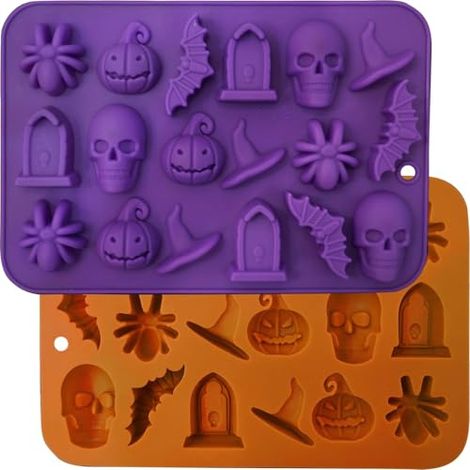 Halloween-Silikonformen für Schokolade – 2-teiliges Set – 3D-Schokoladenformen für Halloween – inklusive Formen für Totenkopf, Kürbis, Fledermaus, Geist, Hexenhut, Spinne und Grabstein (1/5)