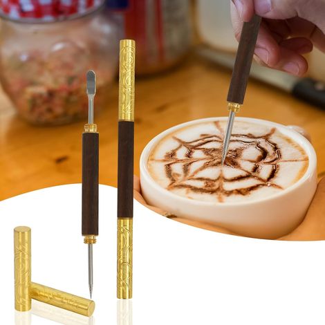 Juego de 2 bolígrafos para latte art, de acero inoxidable y latón con mango de ébano. Herramientas para latte art, capuchino y espresso: el accesorio perfecto para el café. (1/5)