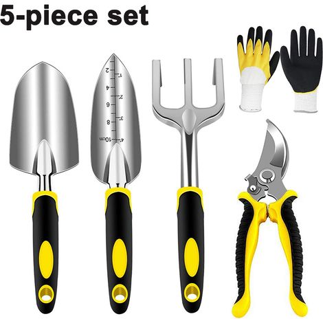 Ensemble d'outils de jardin en acier inoxydable, 5 pièces, comprenant un sécateur, une truelle, une truelle à planter, un râteau et des gants de jardinage. (1/4)