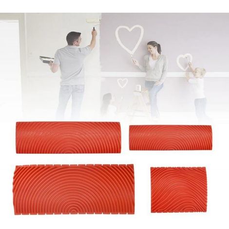 4 PCS Outil de Grain de Bois en Caoutchouc Rouleau Peinture Imitation Bois Grain de Bois pour Peinture Murale Rouleau, Rouge (1/4)