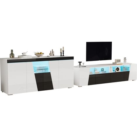 Meuble TV et support TV laqué avec LED-2 en 1 armoire d'appoint-buffet salon noir et blanc-180x38,5x45cm et 140x40x65cm (1/5)