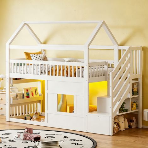 Lit mezzanine 90x200 cm avec escalier et rangements, avec LED, en bois, blanc (1/5)