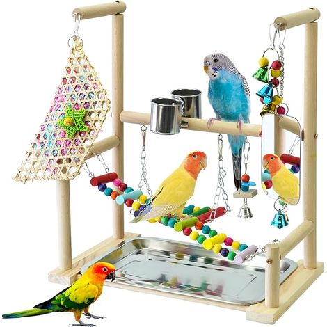 Support de Jeu pour Oiseaux avec Miroir Bois Naturel Aire de Jeux pour Perroquets avec Mangeoire Coupe BalançOire Echelle de Grimpe et Plateau Perche Oiseau pour Petites Perruches (1/5)