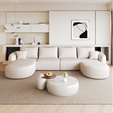 Canapé d’angle en U 336 cm blanc en tissu texturé sans montage (1/5)