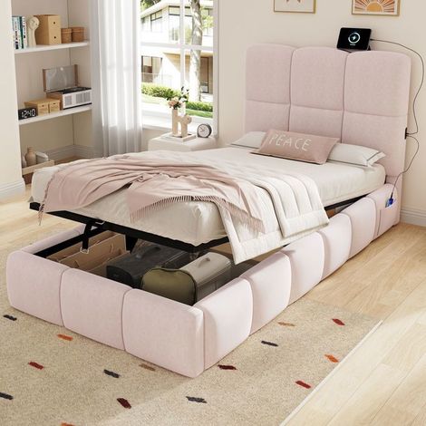 Lit Coffre 90x200cm Velours Rose Doux Port USB - Lit Rembourré - Tête de Lit Nuage Sommier à Lattes Grand Rangement Bords Sécurisés. (1/5)