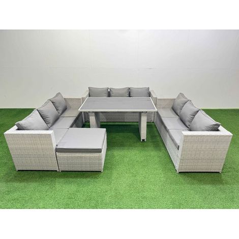 Fimous Patio Outdoor Garden Furniture Sets with Black Glass Top Dining Table 3 Seater Sofa Big Stool Light Grey (1/5)