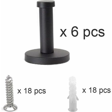 Ganci appendiabiti neri, set da 6 ganci da parete in acciaio inox, portasciugamani da bagno, gancio appendiabiti nero, portasciugamani da bagno a parete, gancio a vite, base rotonda - nero (1/4)