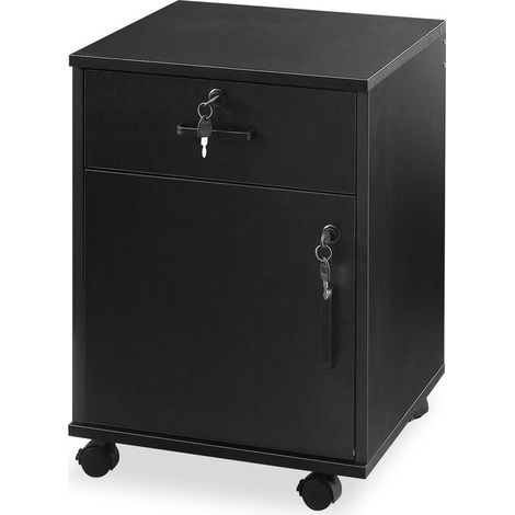 File Cabinet Lockable, Wooden Drawer File Cabinet with 1 Enclosed Storage Cabinet, Home Office Mobile Under Desk Cabinet, Black