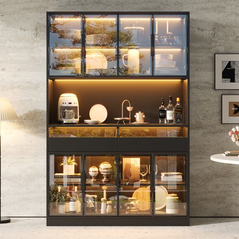 Vitrine en Verre Trempé Gris avec LED 120x40x180 cm, Buffet Moderne 8 Portes et 2 Tiroirs, Meuble Bar avec Compartiment Ouvert pour Salon (1/5)