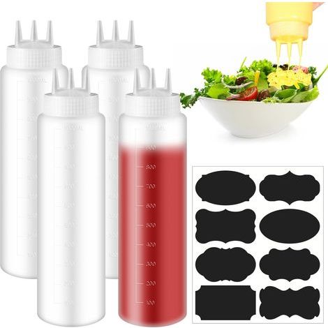 Flaconi a pressione con 3 ugelli spray, 4 pezzi, capacità 1000 ml. Flaconi per salse con penna etichettatrice. Flaconi a pressione per spezie, salse, ketchup, sciroppi, salsa barbecue e altre salse. (1/5)