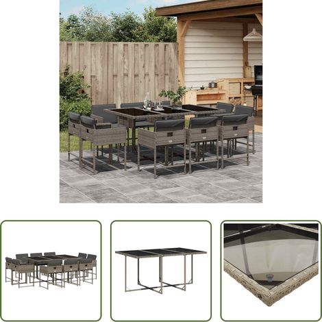 vidaXL Table de jardin - Ensemble à manger de jardin 11pcs avec coussins gris poly rotin (1/5)