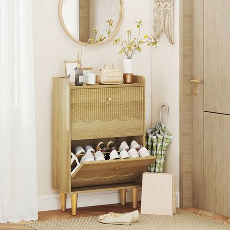 Scarpiera per 12 paia, scarpiera stretta, 2 cassetti a ribalta, ripiani regolabili, 60x24x92 cm, rovere