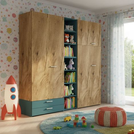 L.225 H.225,8 - Armadio con libreria incorporata e cassetti - Design moderno e funzionale - Quercia e verde petrolio