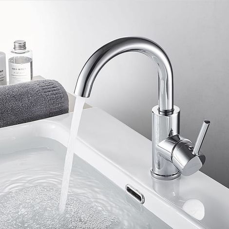 Robinet de Lavabo U-forme Mitigeur Eau Froide et Chaude en Laiton Rotation à 360° Robinet de Vasque à Poser pour Salle de Bains, Chromé (SKU produit : 94940441 SKU Offre : lehuamwj418) (1/4)