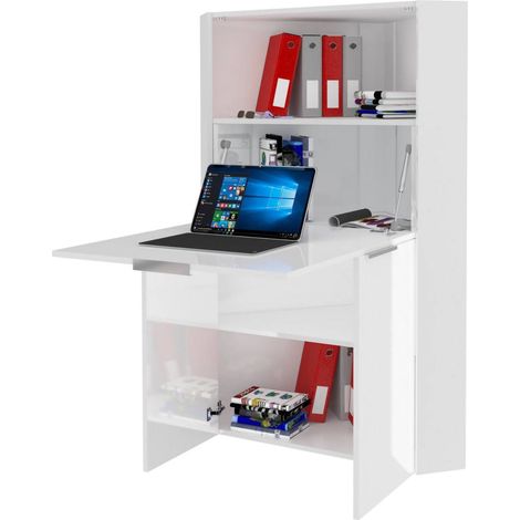 Dmora - Scrivania Akiro, Mobile multiuso con scaffali e piano da lavoro, Tavolo multiuso per ufficio, Scrivania salvaspazio multiposizione, 100% Made in Italy, cm 70x57h140, Bianco lucido