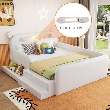 140 x 200 cm Kinder-Polsterbett mit Bären-Kopfteil, Nachtlicht, USB-Ladeanschluss, integriertem Stauraum und Stufensitz – sicher und praktisch, geeignet für Jungen und Mädchen, Kunstlederbezug, Weiß (1/5)