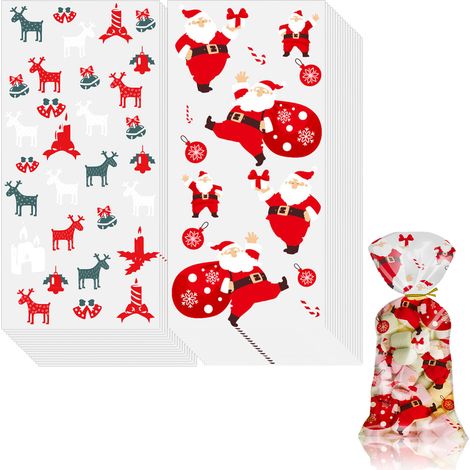 Sac Cellophane - 13 x 27 cm - Imprimé Noël - Avec Attache Toronnée - Pour Bonbons Et Confiseries - Lot de 100 Pièces (1/5)