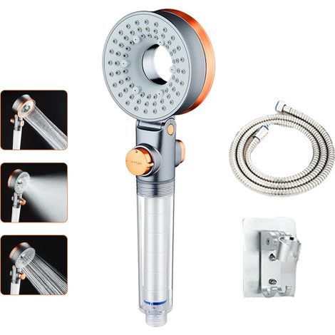Antikalk- und wassersparende Handbrause mit Filter, 3 Strahlarten, mit Schlauch und Halterung