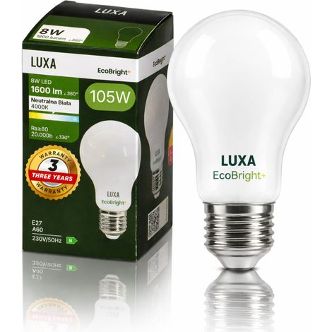 Lampadina LED E27 a filamento classe B A 60 8W 1600LM = 100W 4000K lux EcoBright (1/5)